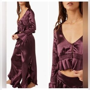 NWT Free People XS Chasing Love Ruffle Satin Lounge Set
